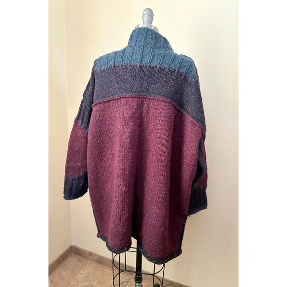 VTG Colorblock Knit Cardigan Wool Blend Open Front Pockets Boho Oversized L/XL - Picture 5 of 5